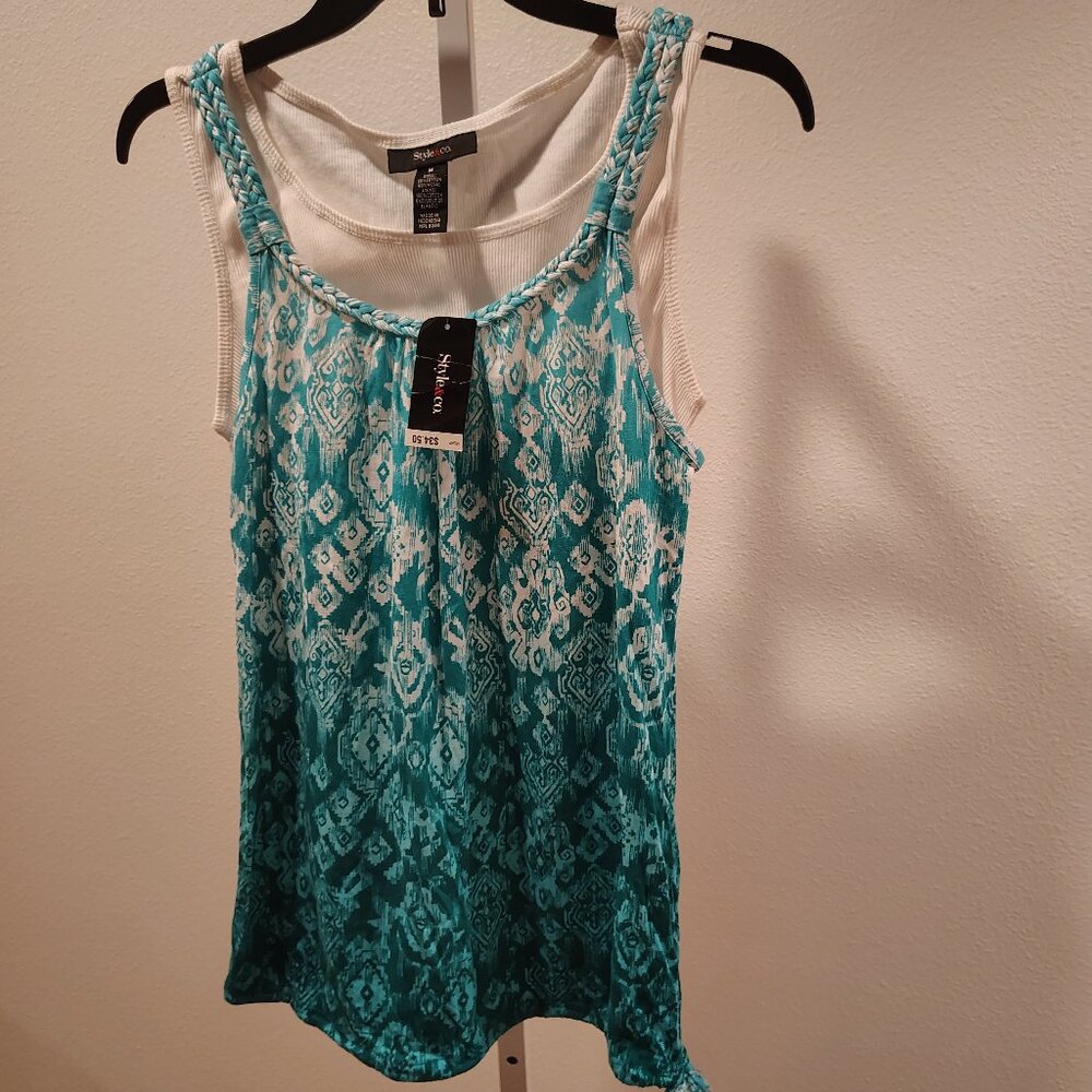 Style & Co Women's Layered Tank Top Size Medium NWT Ikat Tile Aqua Cotton Modal